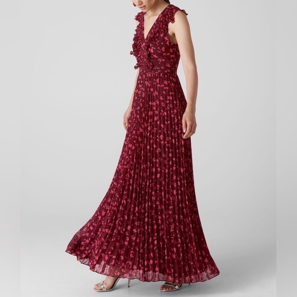 Whistles Adalise Celia Pleated Print Dress US 6 Pink/Dark Magenta